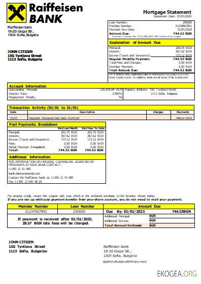 Bulgarie Relevé hypothécaire de la banque Raiffeisen scr